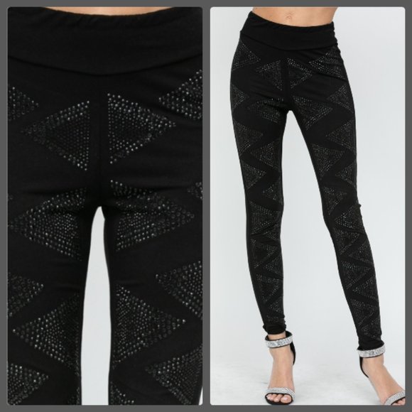 NEW VOCAL BLACK GEOMETRIC RHINESTONE LEGGINGS BUTTERY SOFT S M L XL - Picture 1 of 6